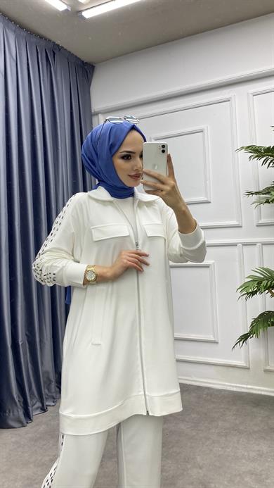 Taş Detaylı İkili Takım Beyaz 