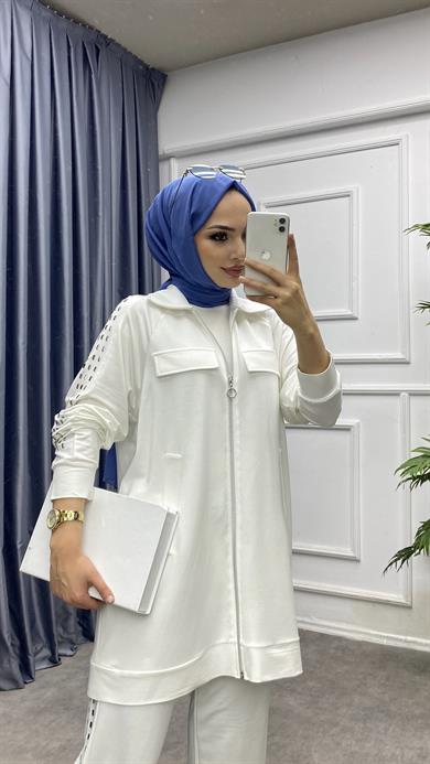 Taş Detaylı İkili Takım Beyaz 