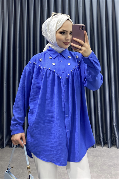 Taş Detaylı Keten Tunik Mavi