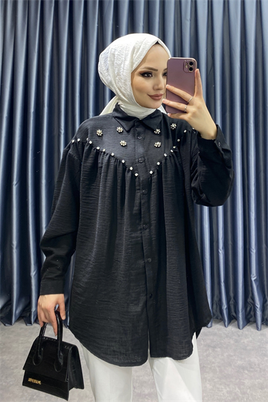 Taş Detaylı Keten Tunik Siyah