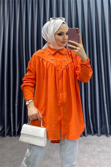 Taş Detaylı Keten Tunik Turuncu
