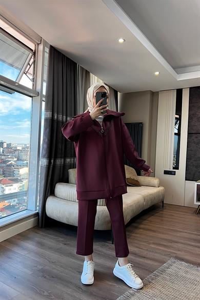 Taş Detaylı Skuba Takım Bordo