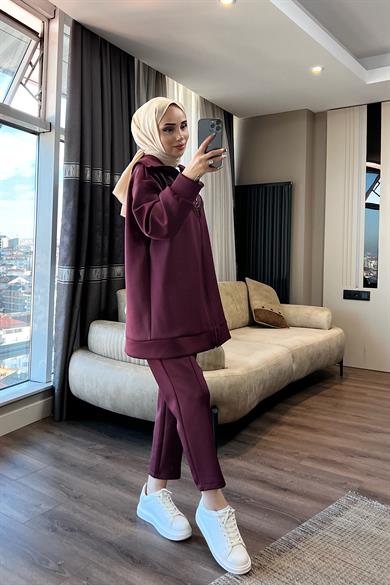 Taş Detaylı Skuba Takım Bordo
