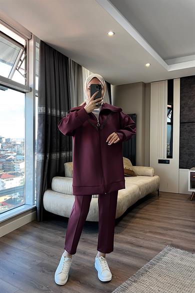 Taş Detaylı Skuba Takım Bordo