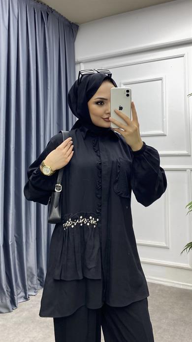 Taş Ve Fırfır Detaylı Takım Siyah 