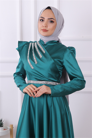 Taşlı Saten Abiye Zümrüt Yeşili