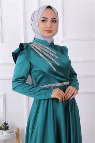 Taşlı Saten Abiye Zümrüt Yeşili