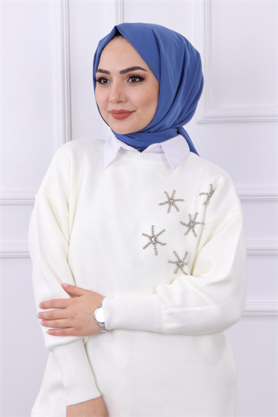 Taşlı Triko Tunik Beyaz