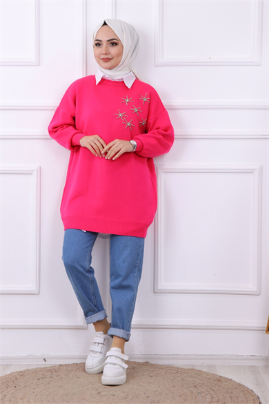 Taşlı Triko Tunik Pembe