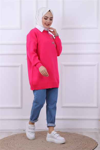 Taşlı Triko Tunik Pembe