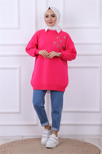 Taşlı Triko Tunik Pembe