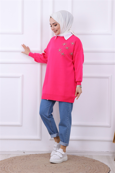 Taşlı Triko Tunik Pembe