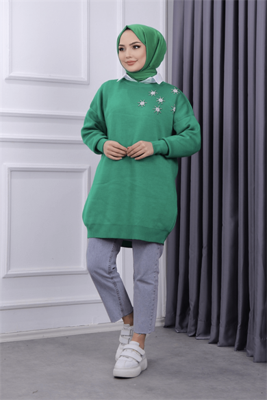 Taşlı Triko Tunik Yeşil