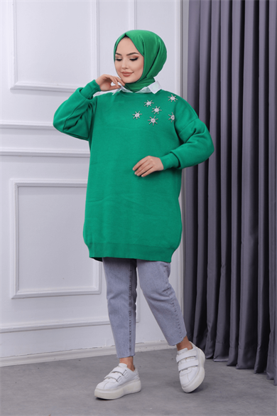 Taşlı Triko Tunik Yeşil