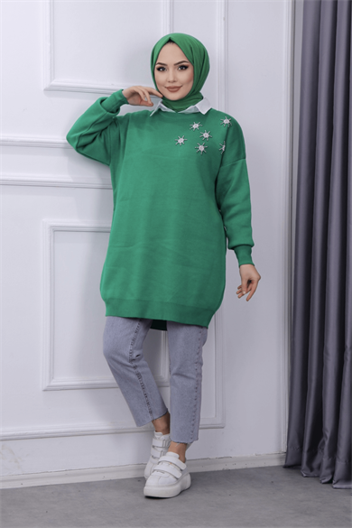 Taşlı Triko Tunik Yeşil