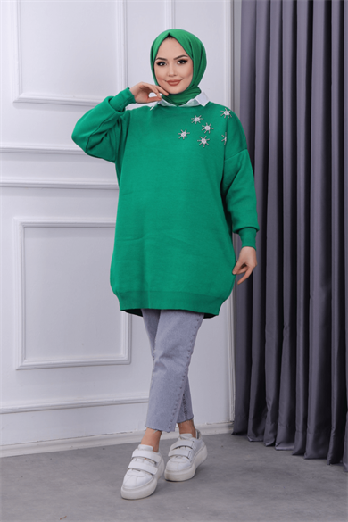 Taşlı Triko Tunik Yeşil