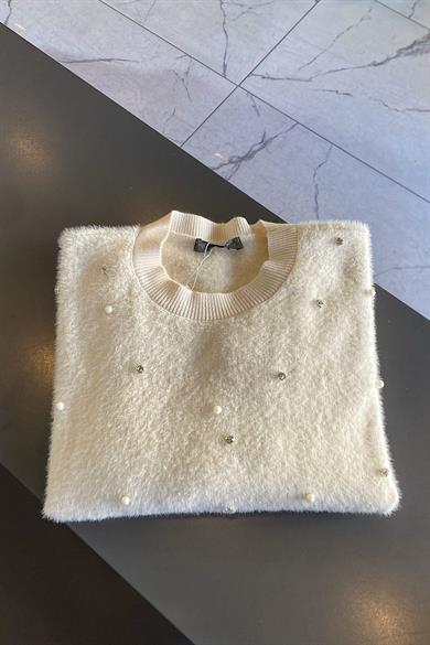 Taşlı Ve İncili Yumoş Tunik Ekru 
