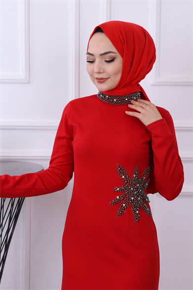 Taşlı Yıldız Elbise Kırmızı