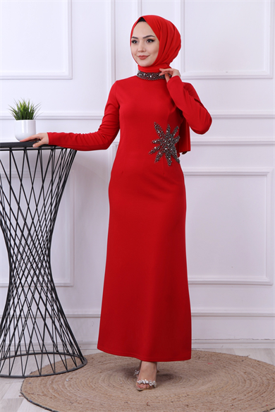 Taşlı Yıldız Elbise Kırmızı