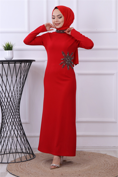 Taşlı Yıldız Elbise Kırmızı
