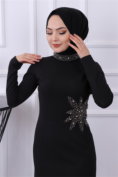 Taşlı Yıldız Elbise Siyah