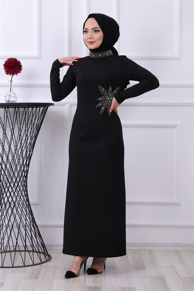 Taşlı Yıldız Elbise Siyah