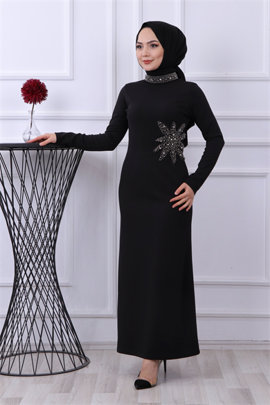 Taşlı Yıldız Elbise Siyah