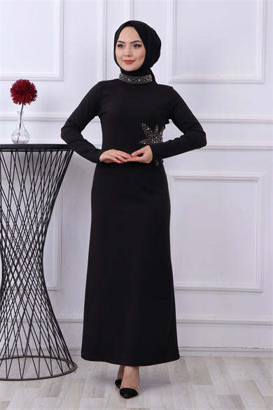 Taşlı Yıldız Elbise Siyah