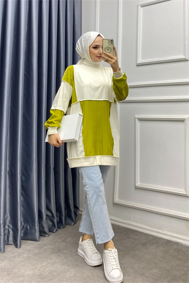 Ters Dikiş Tunik Yeşil Krem