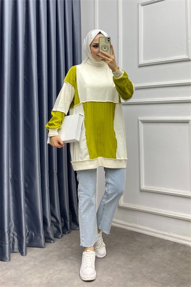 Ters Dikiş Tunik Yeşil Krem