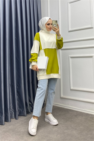 Ters Dikiş Tunik Yeşil Krem