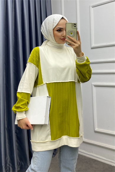Ters Dikiş Tunik Yeşil Krem