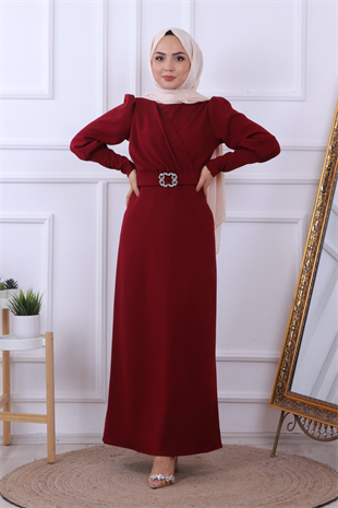 Tokalı Kalem Elbise Bordo