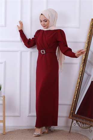 Tokalı Kalem Elbise Bordo