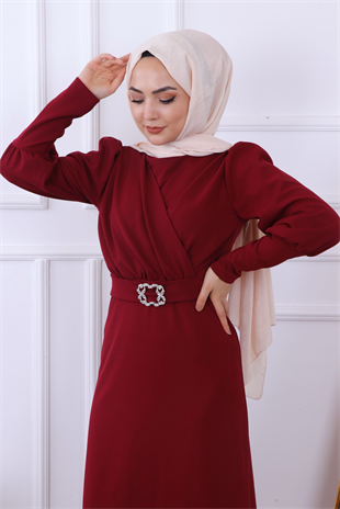 Tokalı Kalem Elbise Bordo