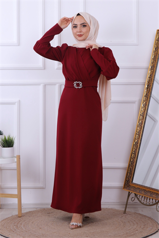 Tokalı Kalem Elbise Bordo