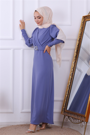 Tokalı Kalem Elbise Mavi