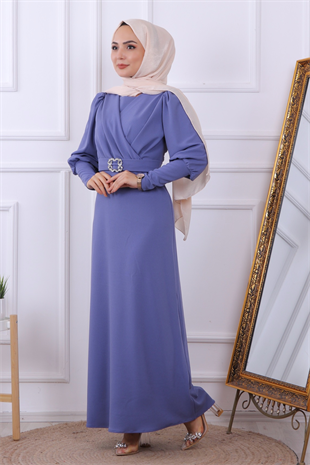 Tokalı Kalem Elbise Mavi