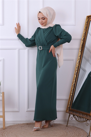 Tokalı Kalem Elbise Yeşil