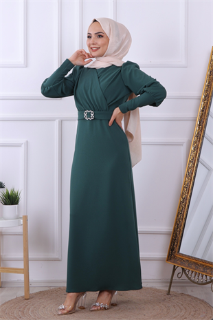 Tokalı Kalem Elbise Yeşil