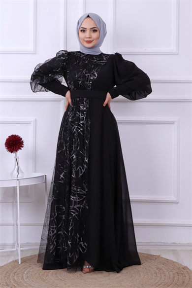 Tülü İşlemeli Elbise Siyah-Gri