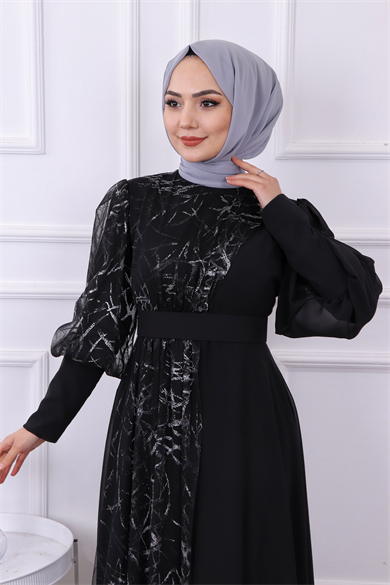 Tülü İşlemeli Elbise Siyah-Gri