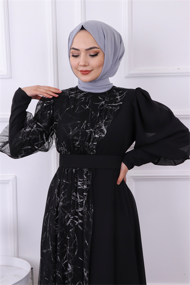 Tülü İşlemeli Elbise Siyah-Gri