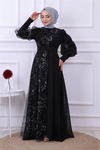 Tülü İşlemeli Elbise Siyah-Gri