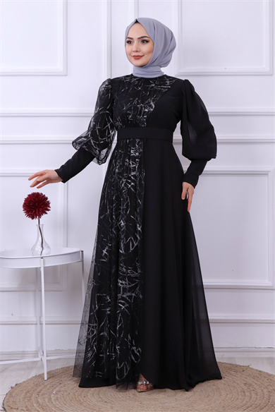 Tülü İşlemeli Elbise Siyah-Gri