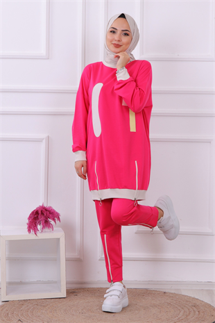 Tuniği Ve Pantolonu Fermuar Detaylı Takım Pembe