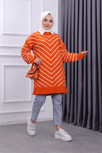 Turuncu Beyaz Çizgili Tunik