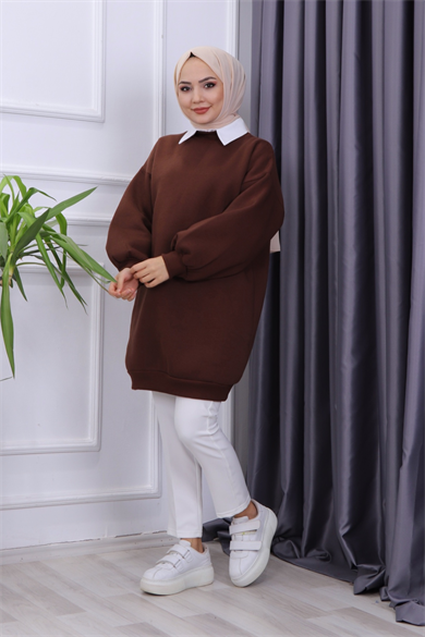 Üç İplik Balon Kol Tunik Acı Kahve