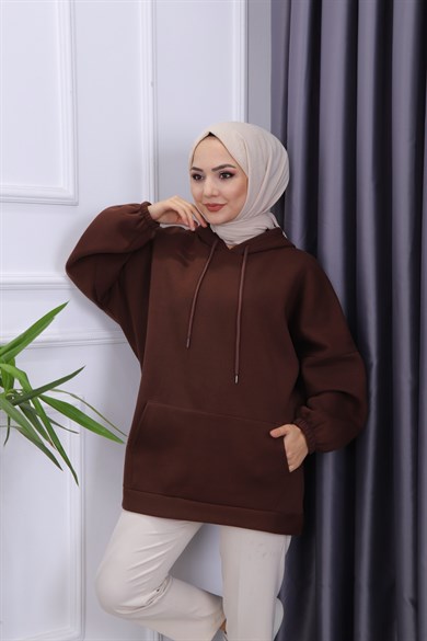 Üç İplik Kanguru Cep Sweat Acı Kahve