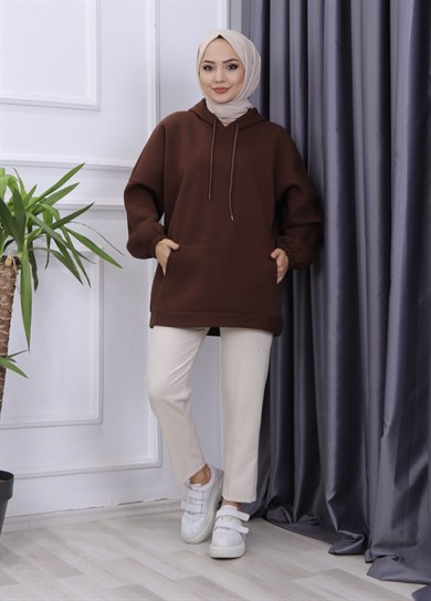 Üç İplik Kanguru Cep Sweat Acı Kahve